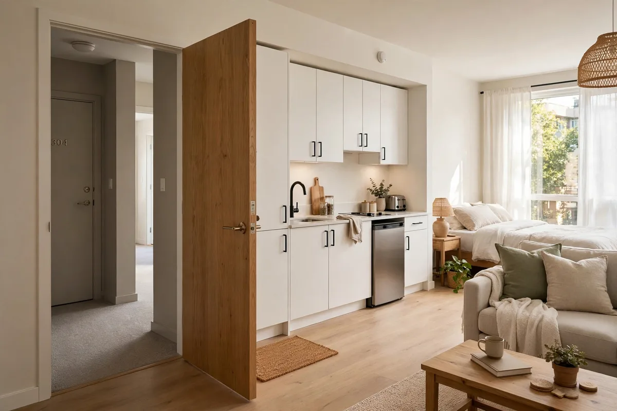 Studio apartment floor plan showing clear door swing arcs around furniture