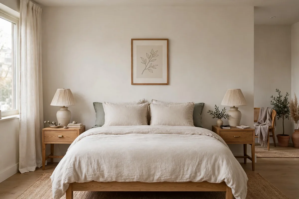 Symmetrical nightstands and lamps framing a bed in a studio apartment