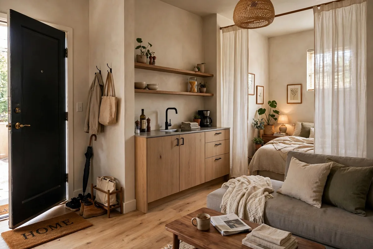 Bed tucked into the farthest corner of a studio apartment for privacy