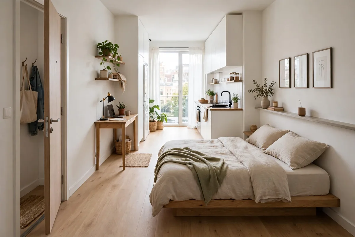 Bed placed parallel to the longest wall preserving sightlines in a studio