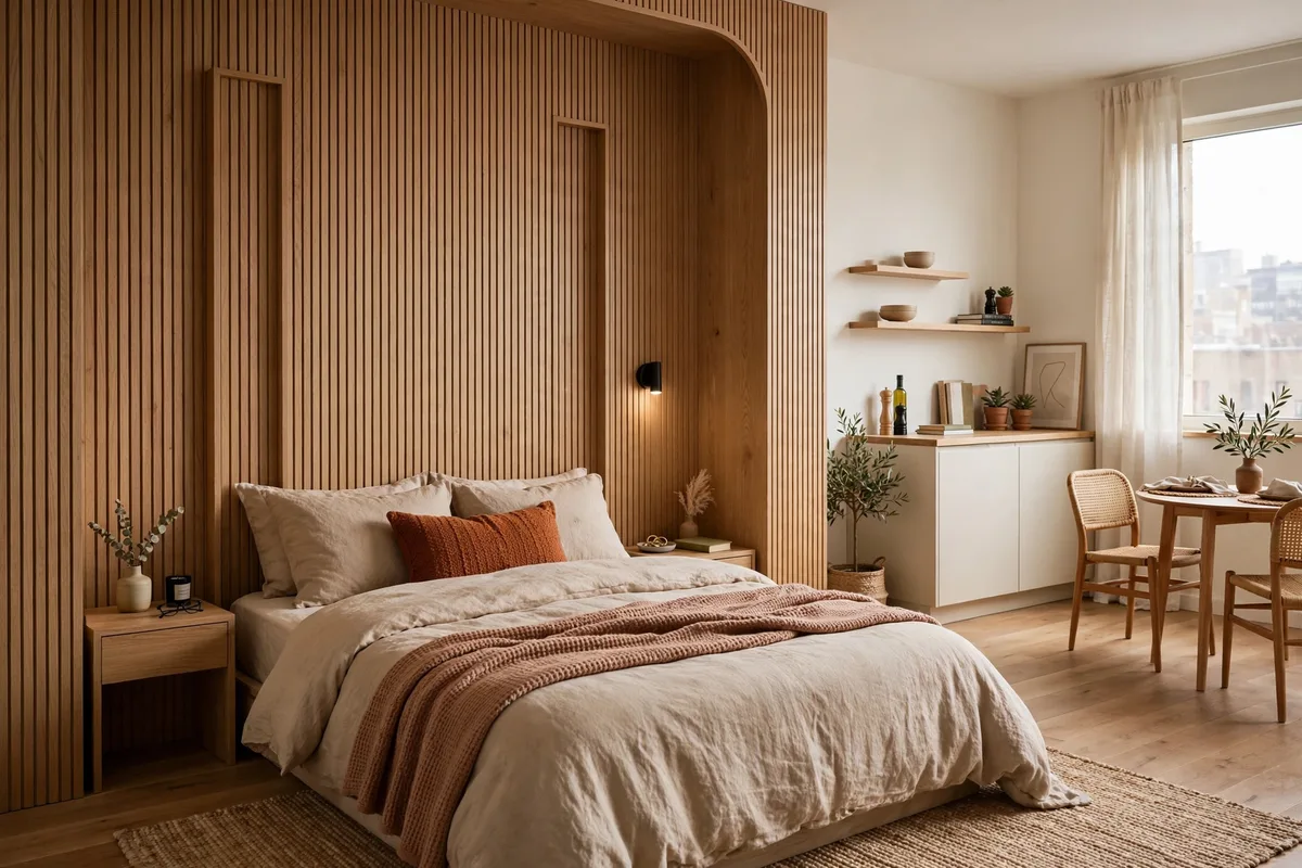 Bed with a painted arch headboard wall defining the sleep zone