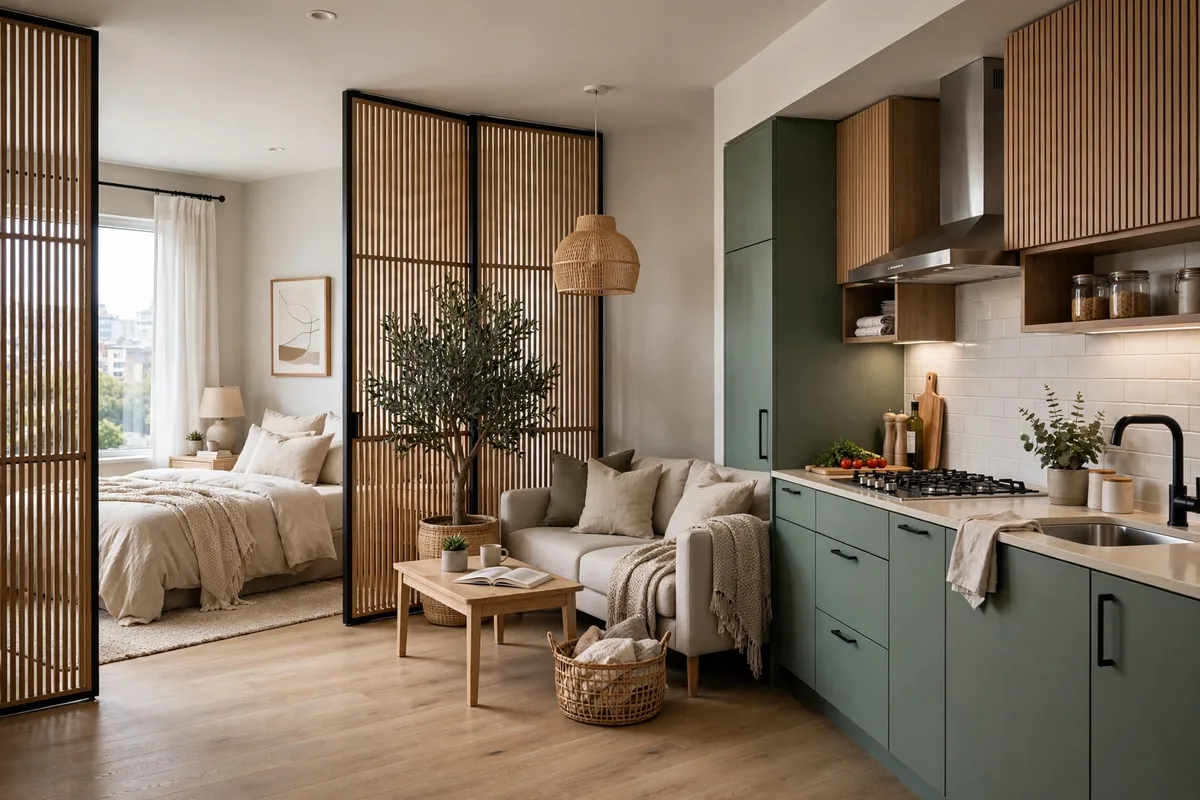 Studio bed oriented away from the kitchen area for better rest