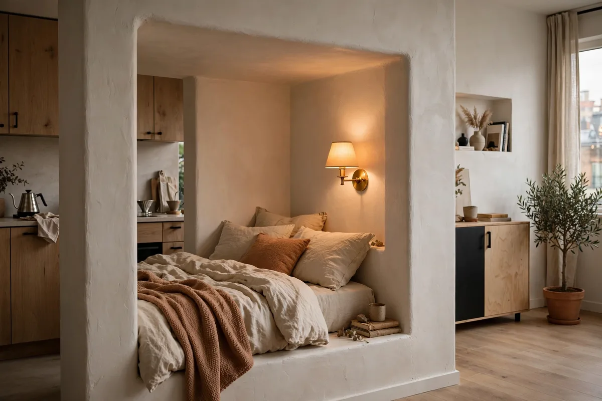 Bed tucked into a natural alcove creating a bedroom nook in a studio