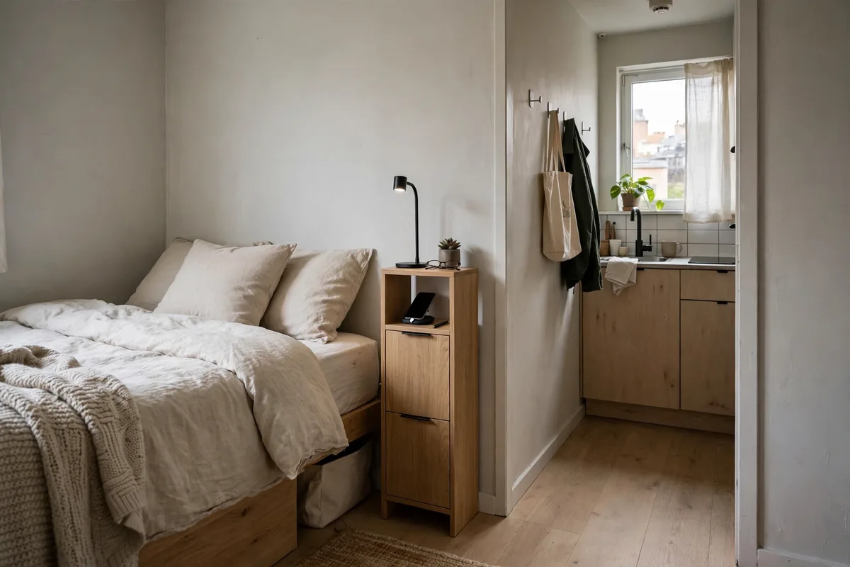 Floating shelf nightstand saving floor space beside a studio bed