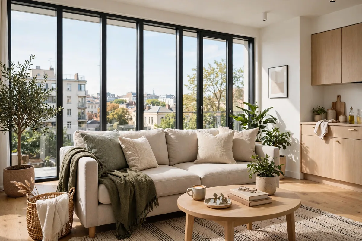 Sofa facing the window in a bright studio apartment living zone