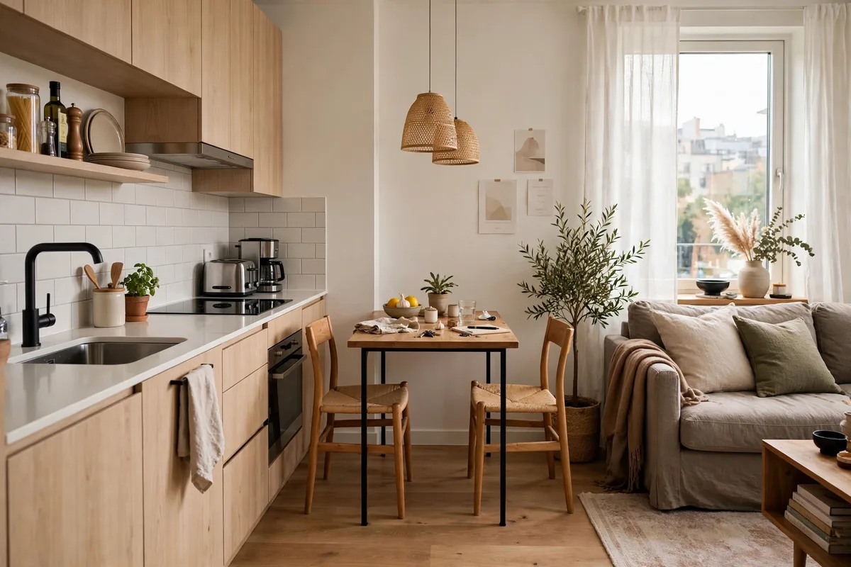 Small round dining table bridging kitchen and living zones in a studio