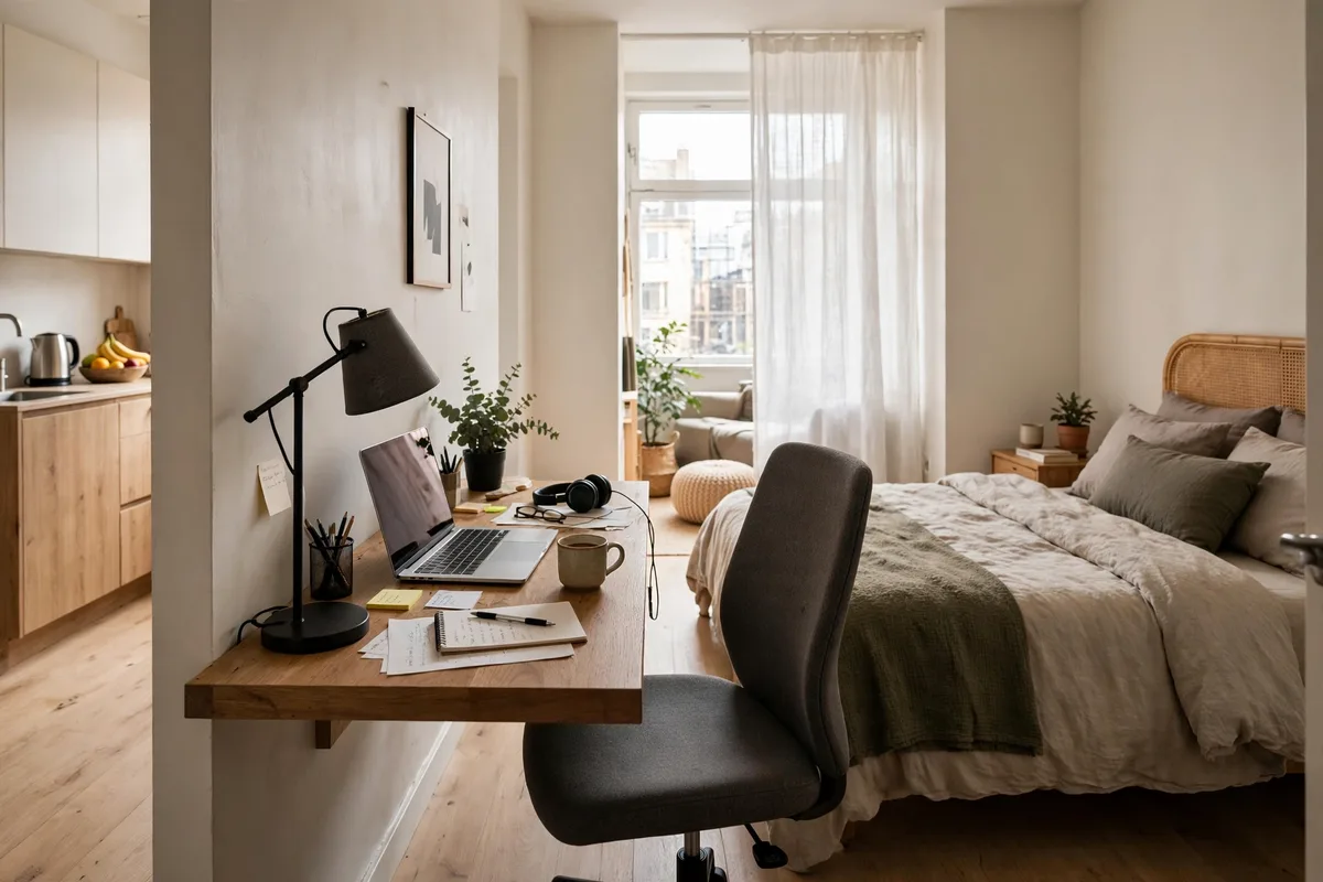 Desk placed perpendicular creating a distinct work zone in a studio