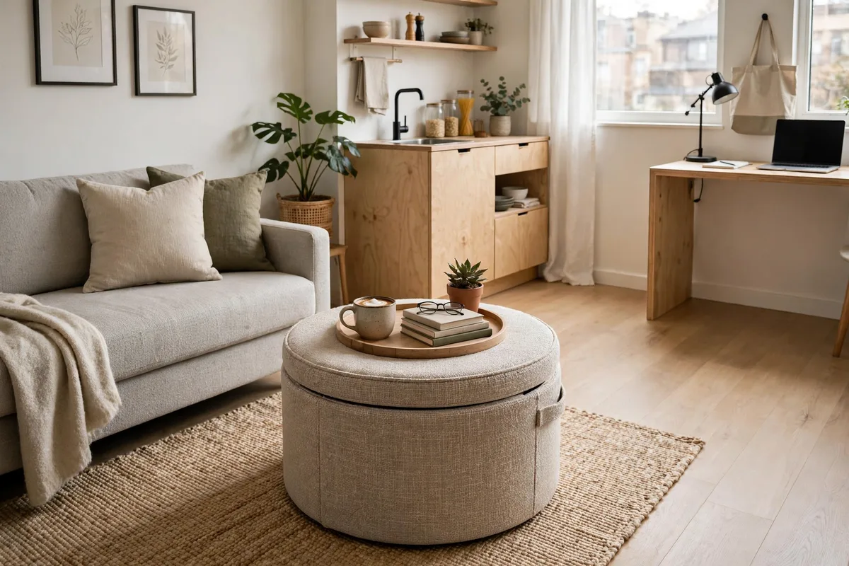 Storage ottoman as coffee table keeping a small studio living zone open