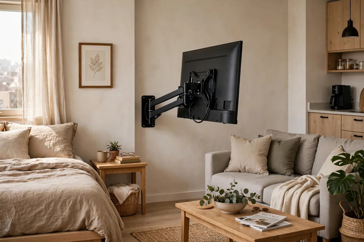 Wall-mounted TV with hidden cables in a tidy studio living zone
