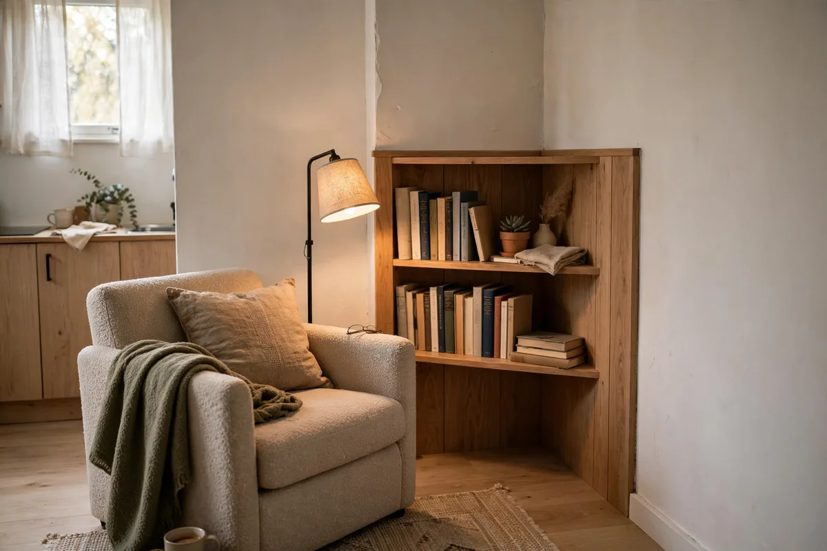 Cozy reading nook with armchair and lamp in a studio apartment corner