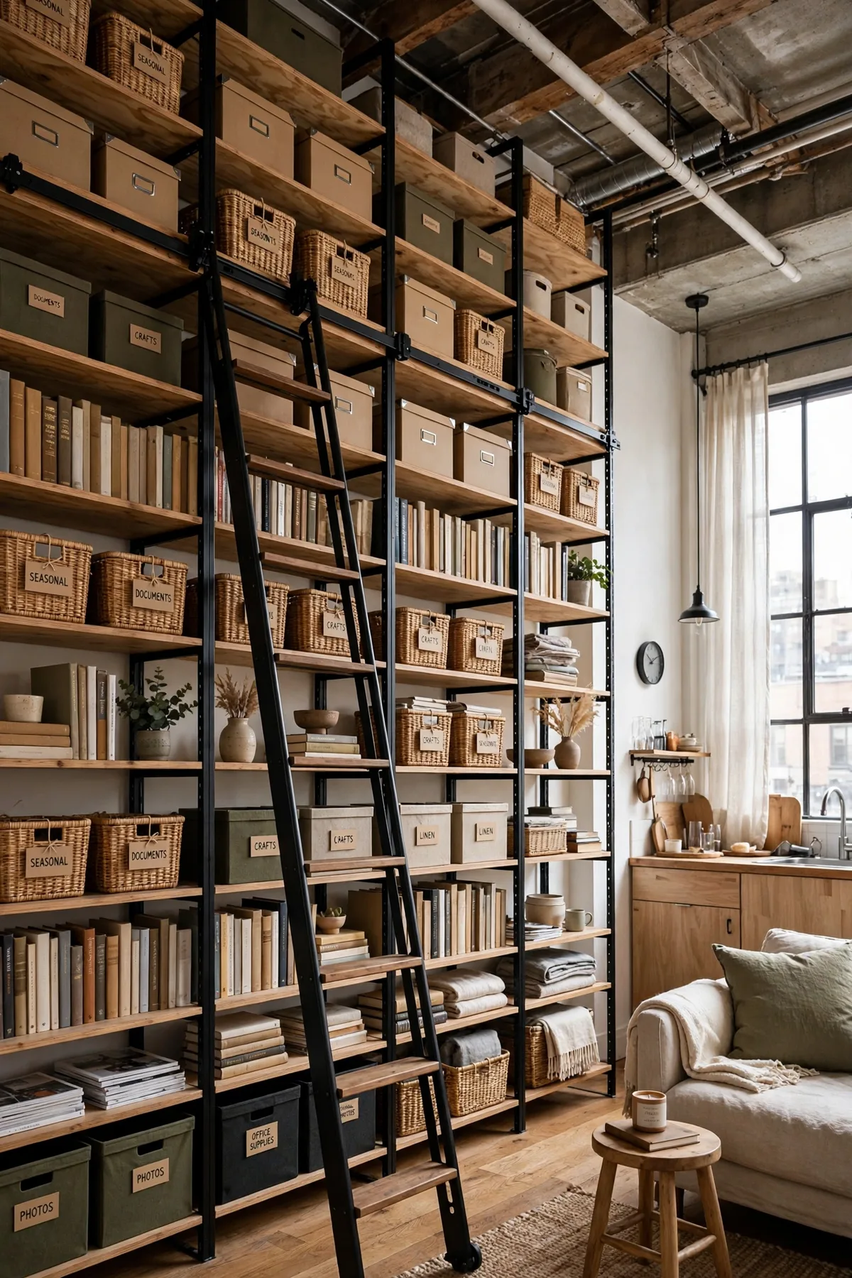 Floor-to-ceiling vertical storage maximizing a tiny studio apartment