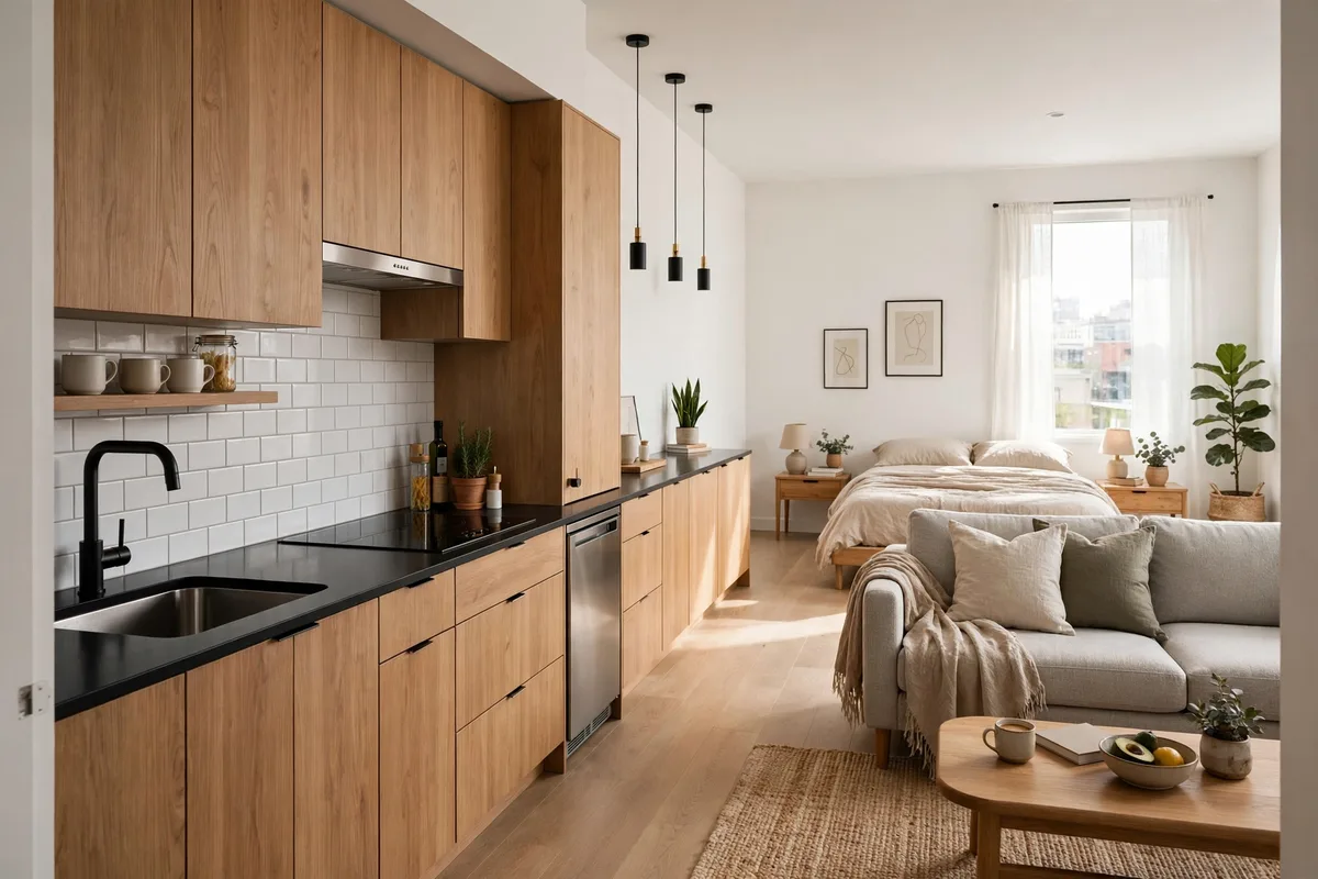 Single-wall galley kitchen preserving open floor in a small studio