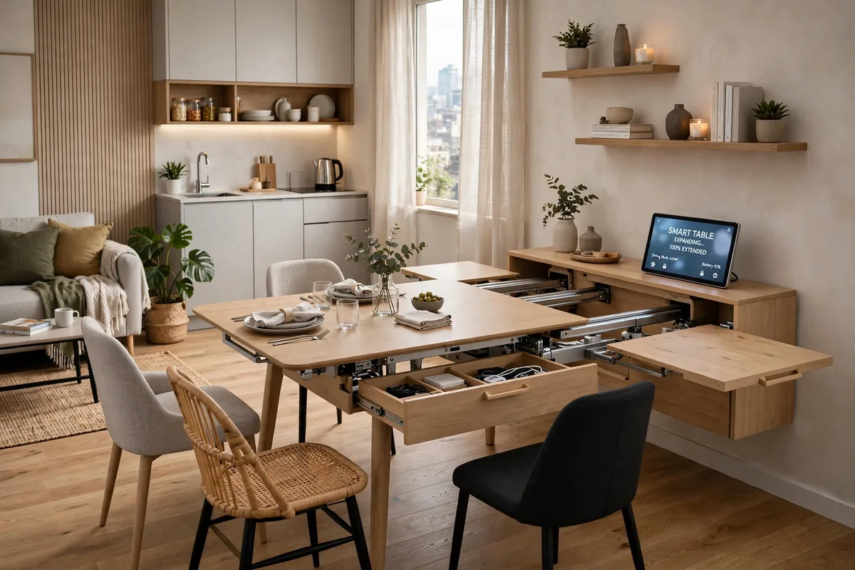 Drop-leaf table and nesting tables as space-saving furniture in a tiny studio