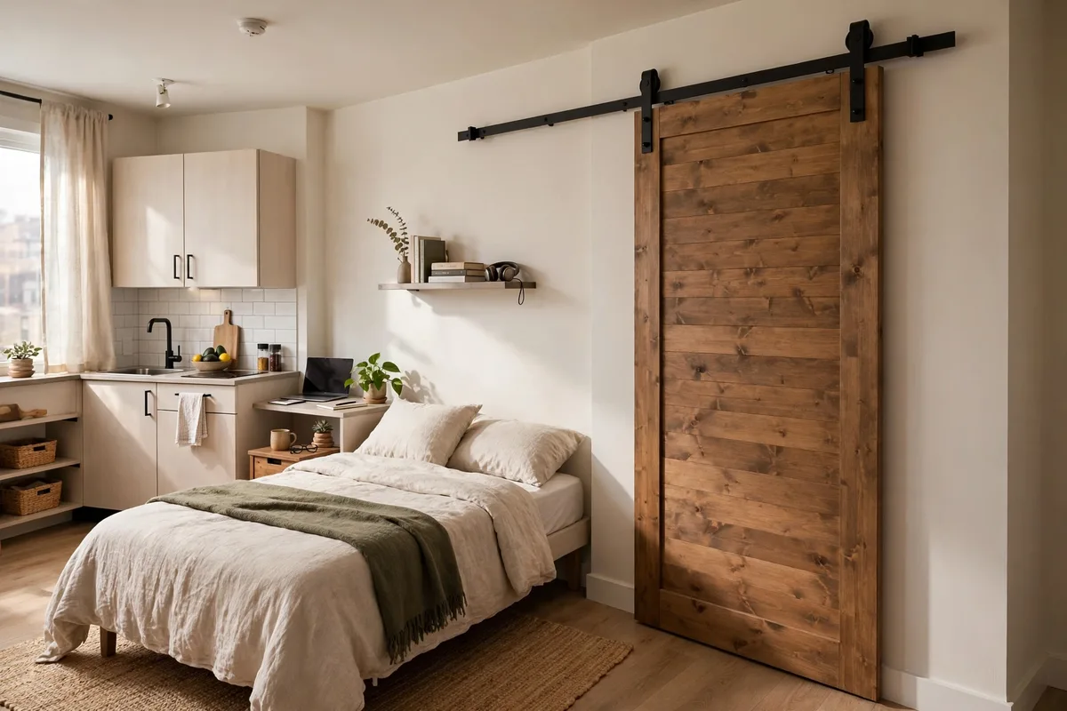 Sliding barn door saving floor space in a small studio apartment