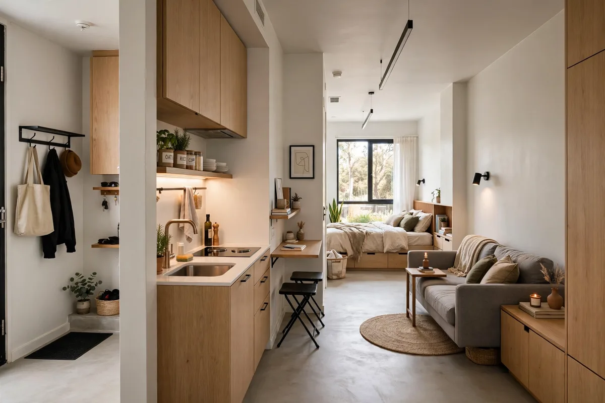Linear galley layout with bed living and kitchen zones in a tiny studio