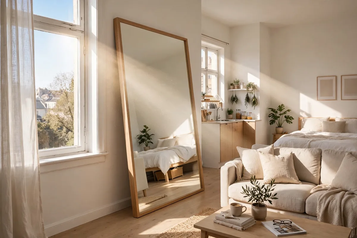 Large mirror opposite window doubling light in a narrow studio apartment