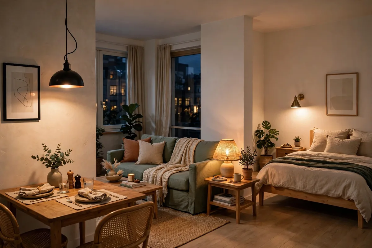 Separate lighting layers for living desk and bed zones in a studio at night