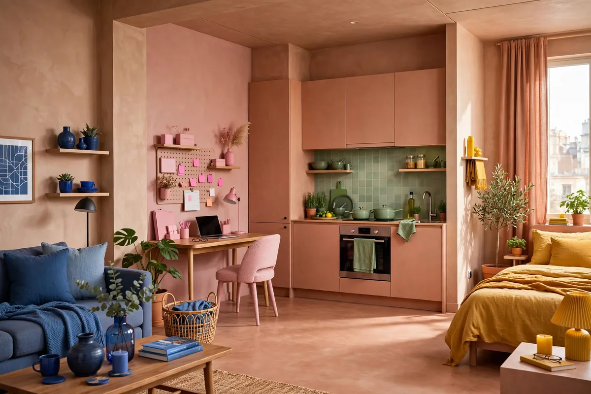 Neutral studio apartment with distinct accent colors per zone