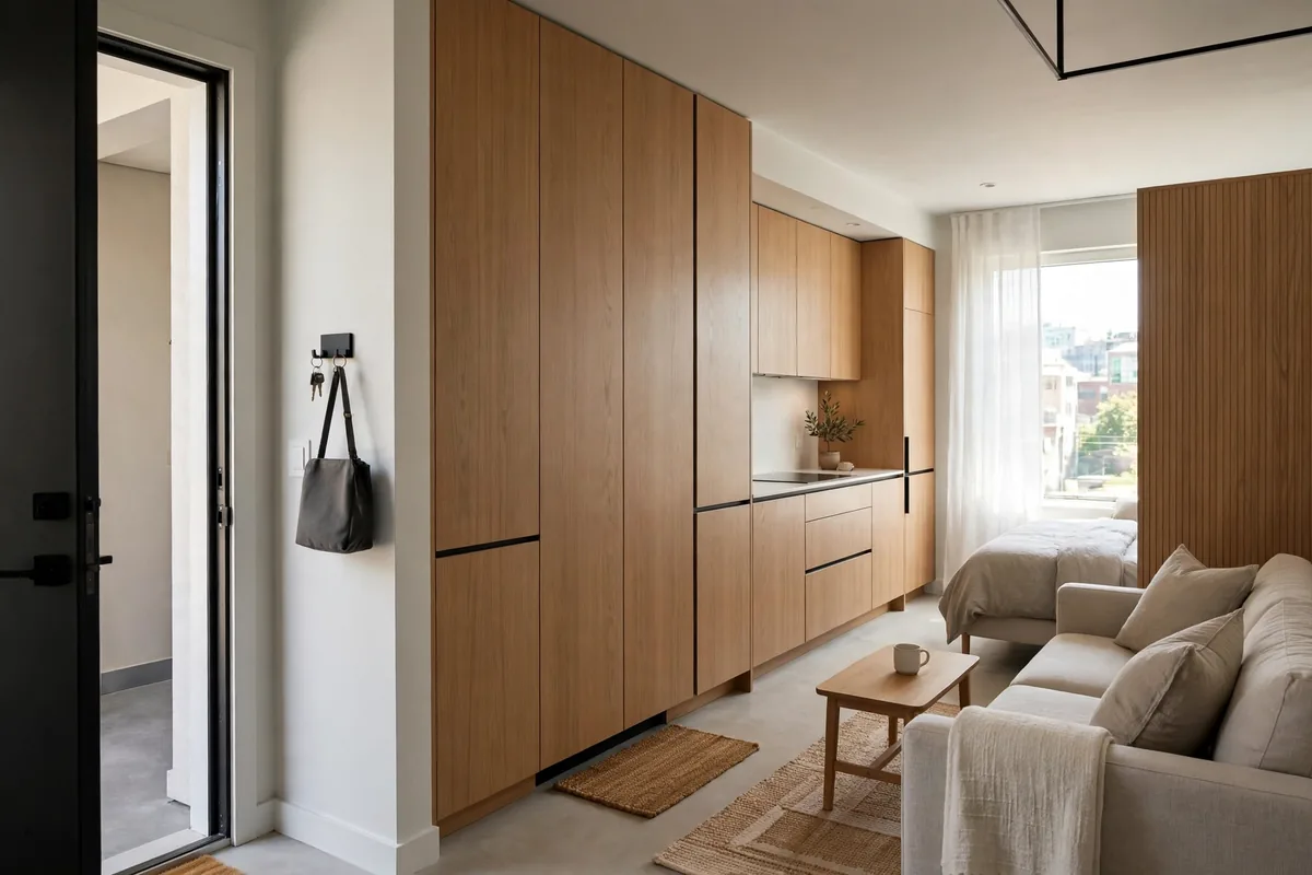 Tidy sightlines from a studio apartment doorway with hidden storage