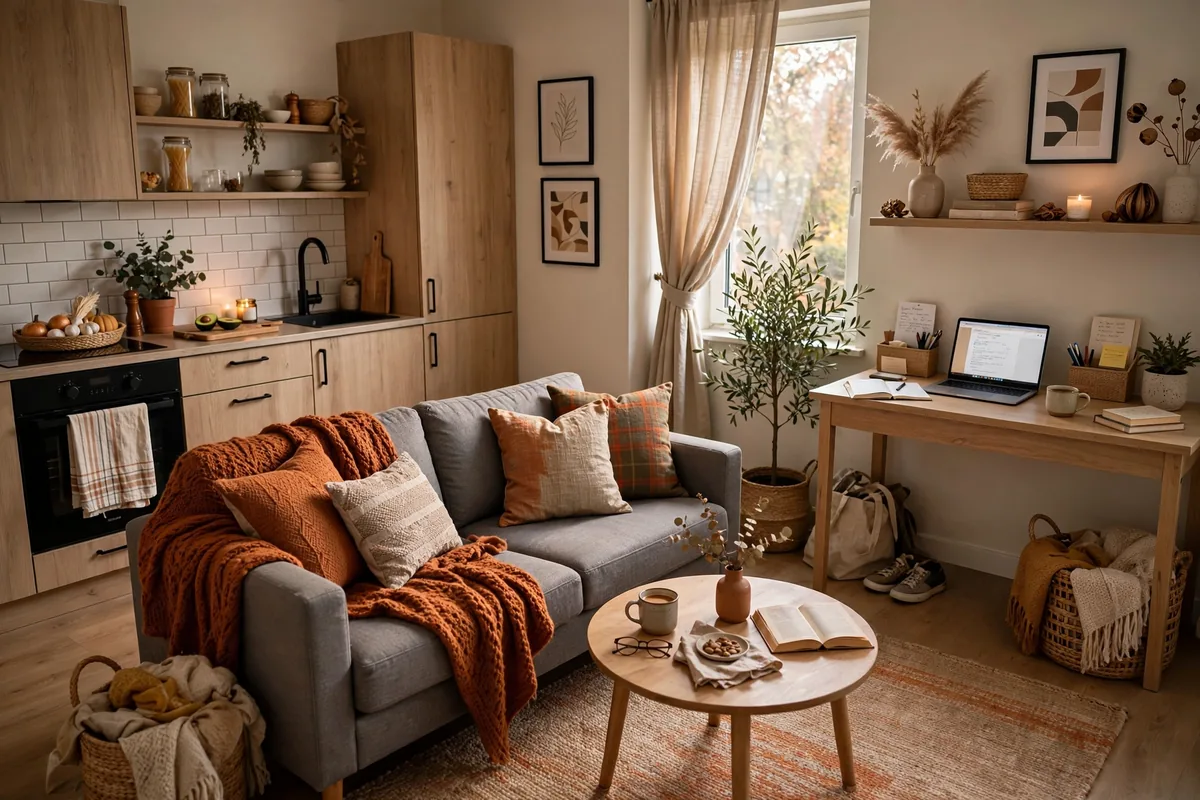 Refreshed studio apartment layout with rotated rug and moved chair