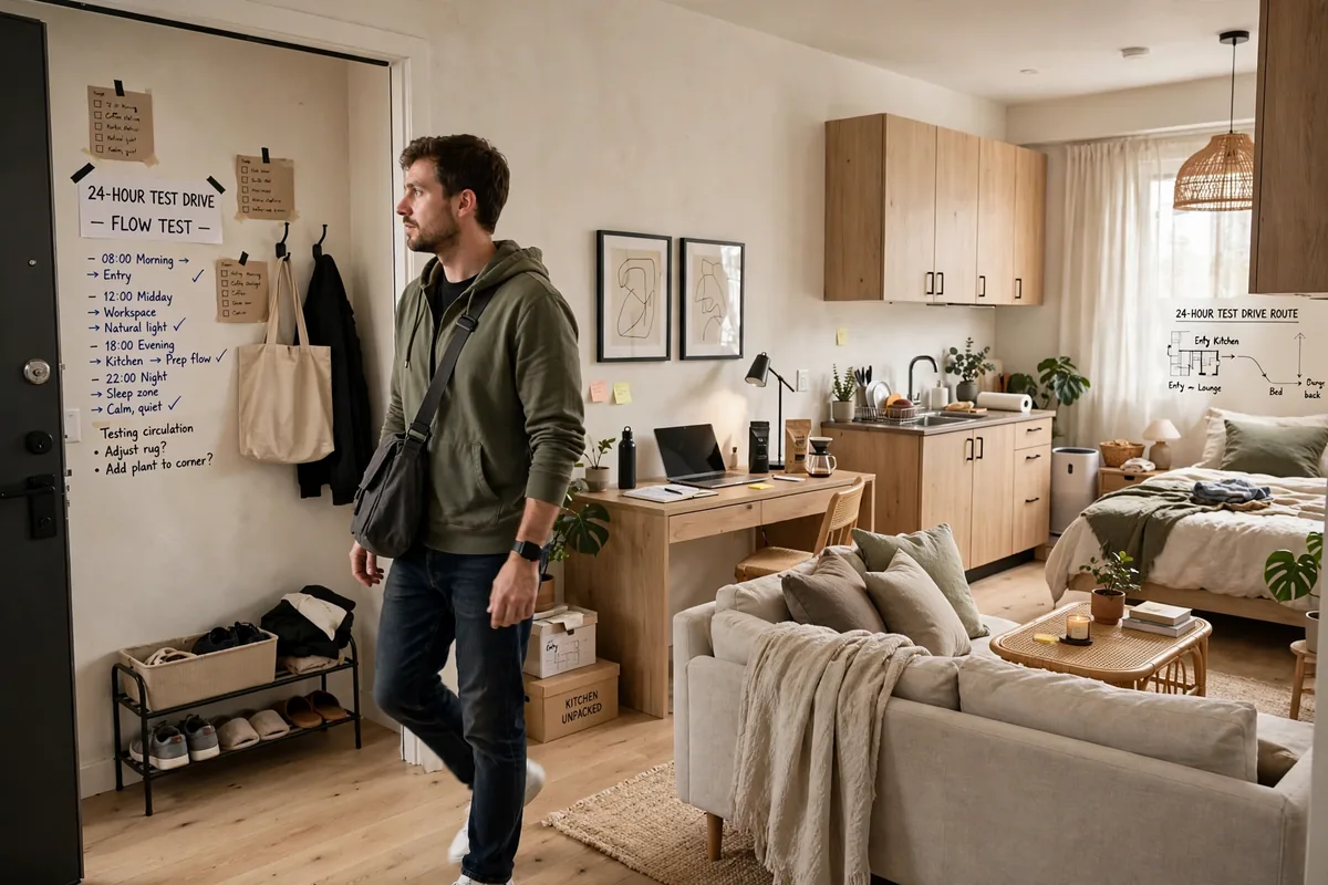 Person testing a new studio apartment furniture arrangement in daily use