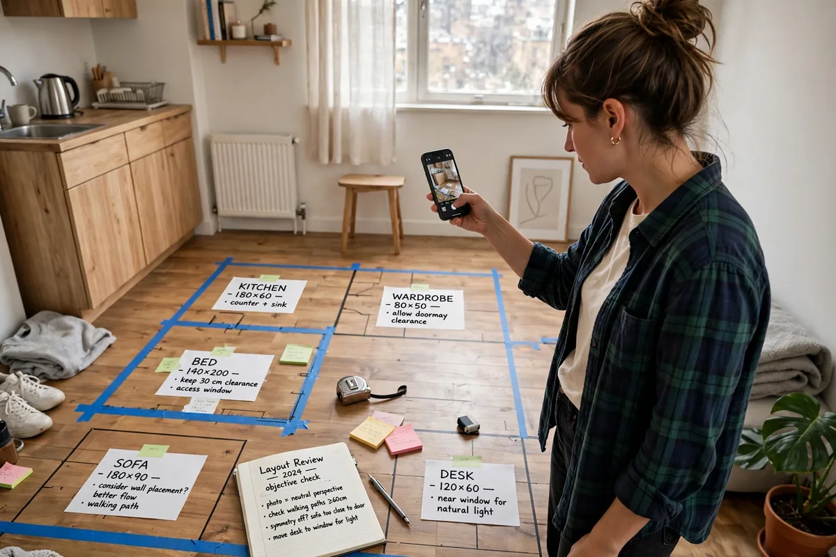 Smartphone photos of a well-planned studio apartment layout from the doorway