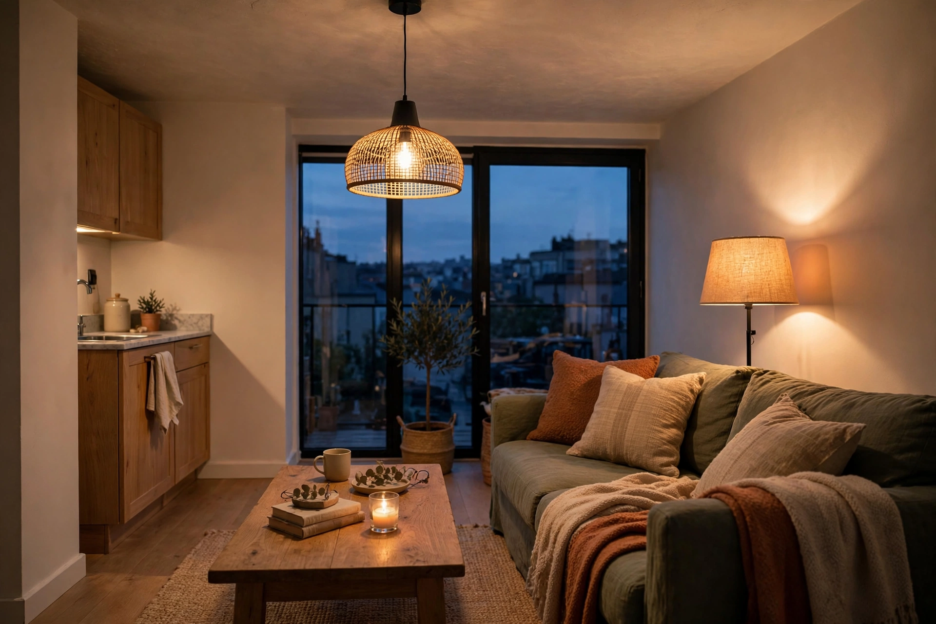 Studio apartment showing layered lighting with ambient ceiling glow, a task lamp by a reading chair, and accent light behind the TV