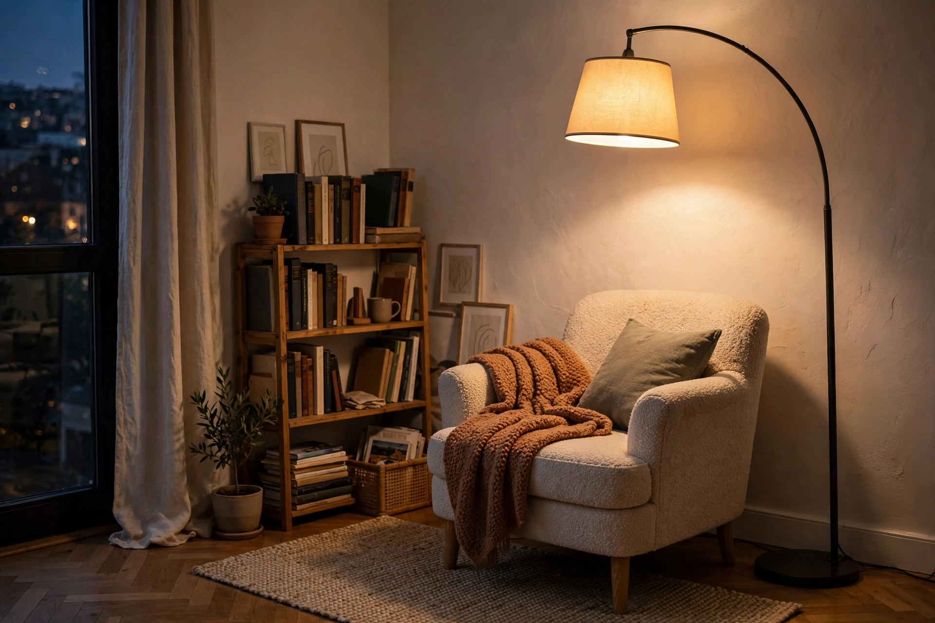 Warm torchiere floor lamp glowing in a dark studio apartment corner, light washing up the wall