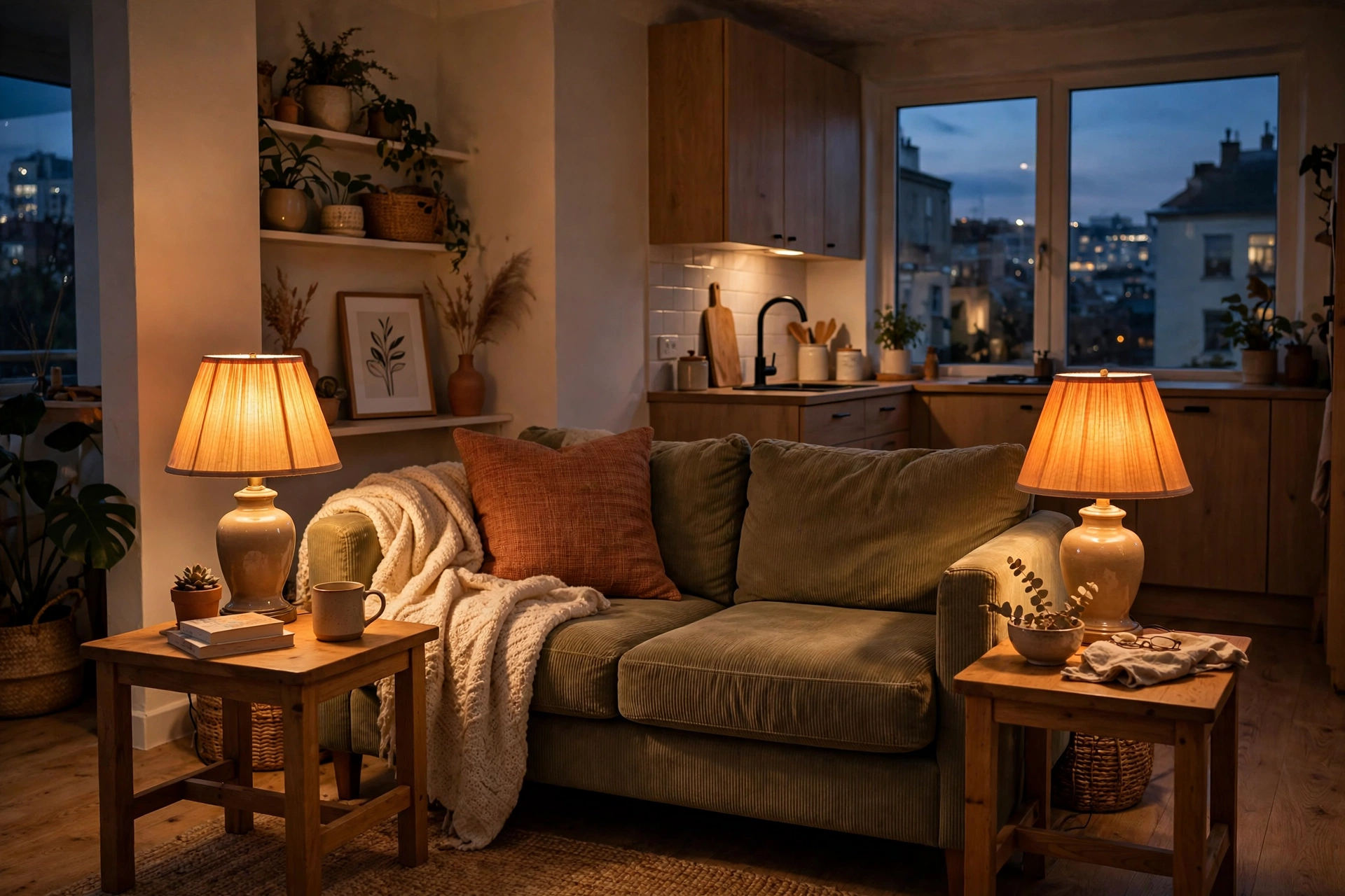 Two matching table lamps flanking a small sofa in a studio apartment, glowing warmly on side tables