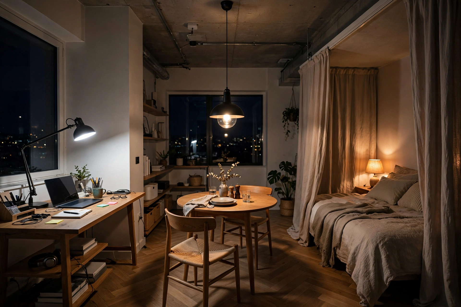 Open studio apartment divided into zones by lighting: pendant over dining table, floor lamp by chair, lamp by bed