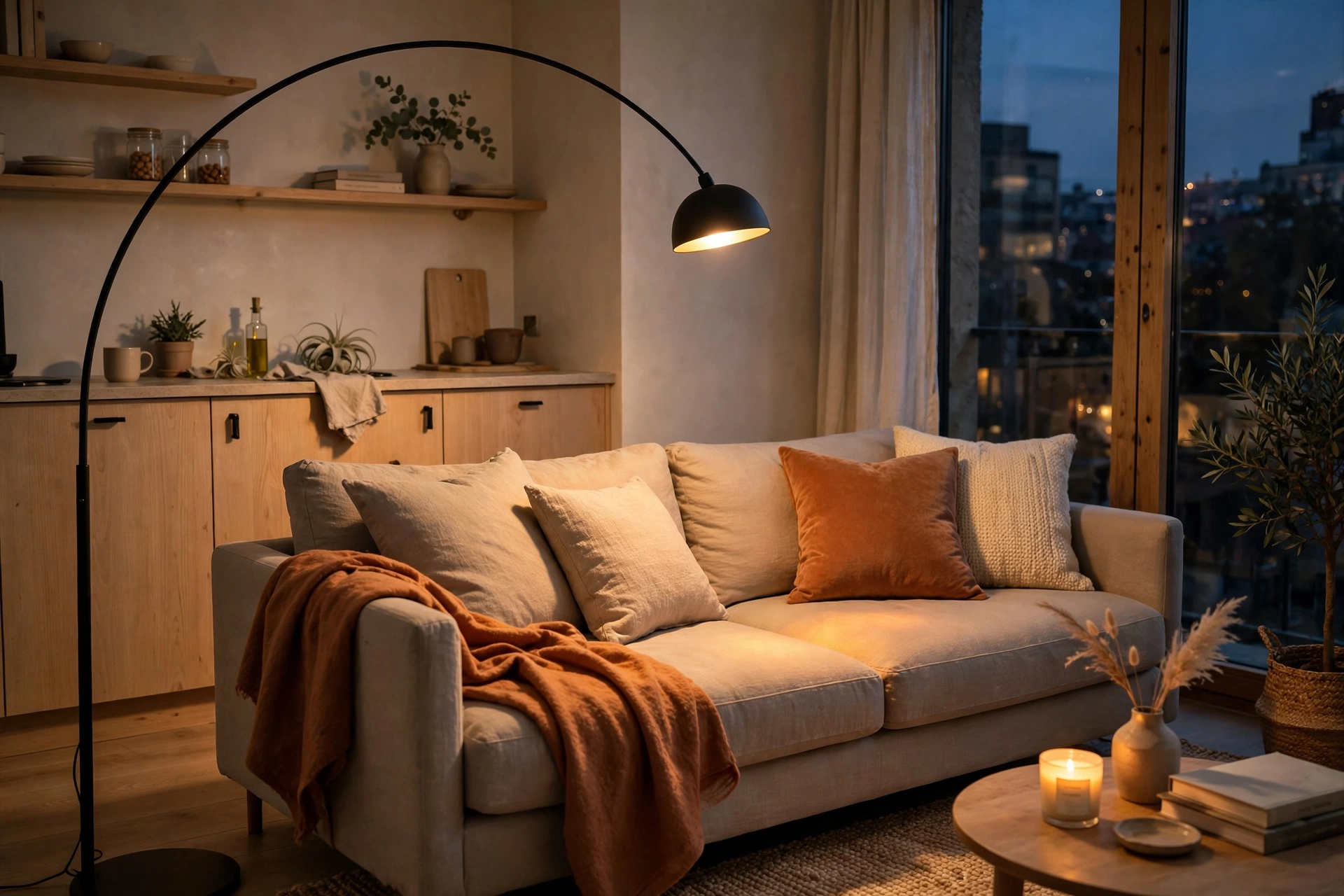 Mid-century arc floor lamp curving over a gray studio sofa, shade glowing above the middle cushion