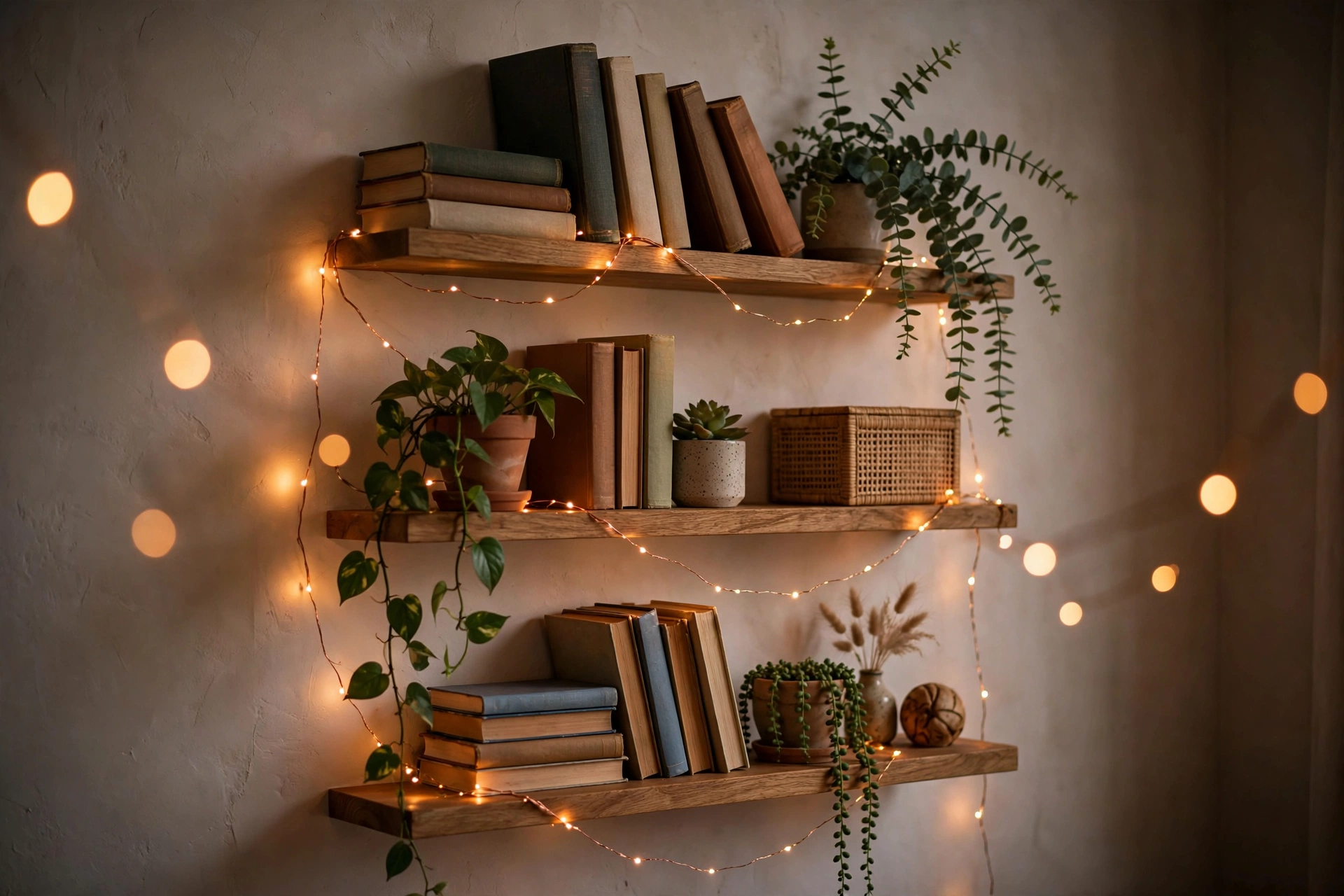 Copper-wire fairy lights draped along a wooden bookshelf with plants and books in a studio apartment