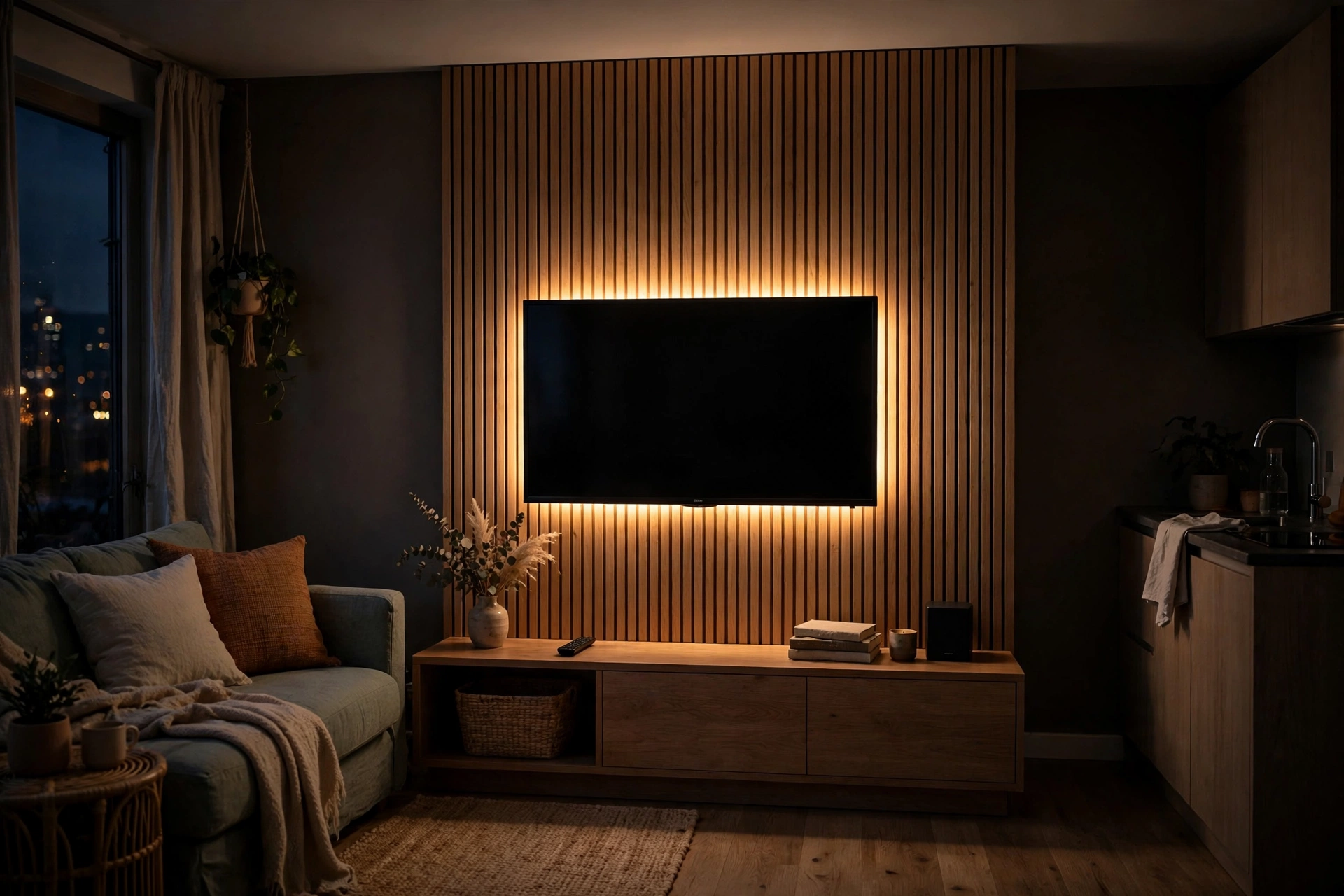 TV in a studio apartment with warm LED bias lighting glowing behind it against the wall at night
