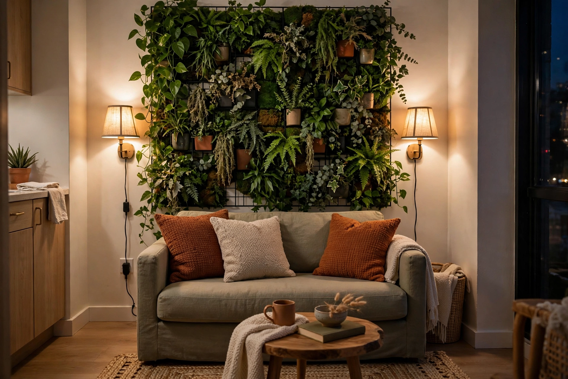 Two plug-in swing-arm sconces mounted on the wall beside a studio apartment sofa