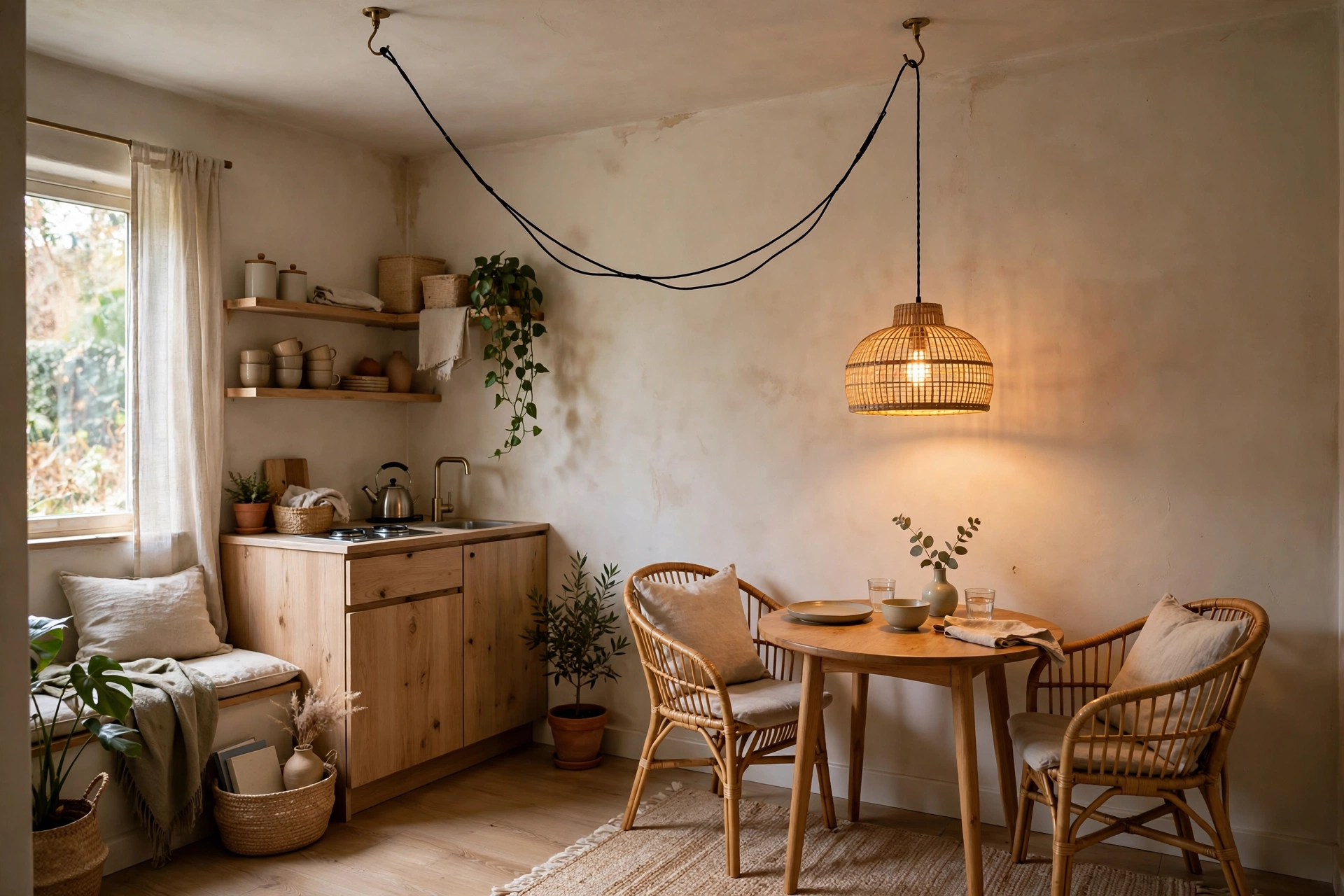 Swagged plug-in pendant with rattan shade hanging over a studio coffee table, cord draped to the wall