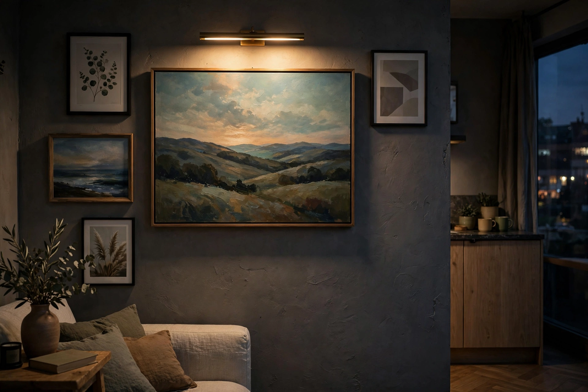 Brass picture light illuminating framed art above a studio apartment sofa in the evening