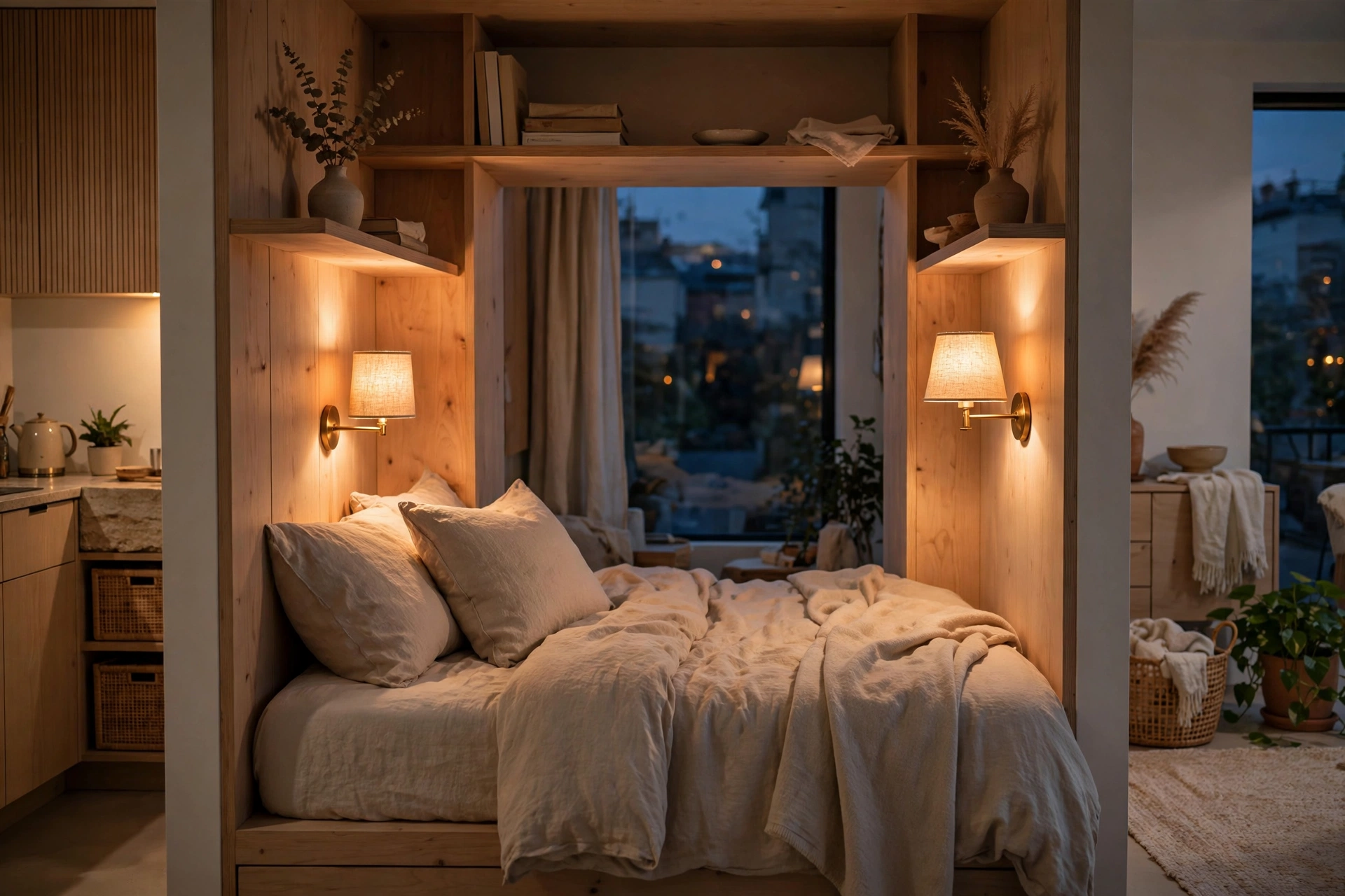 Warm bedside lamps with fabric shades glowing on nightstands beside a cozy studio bed