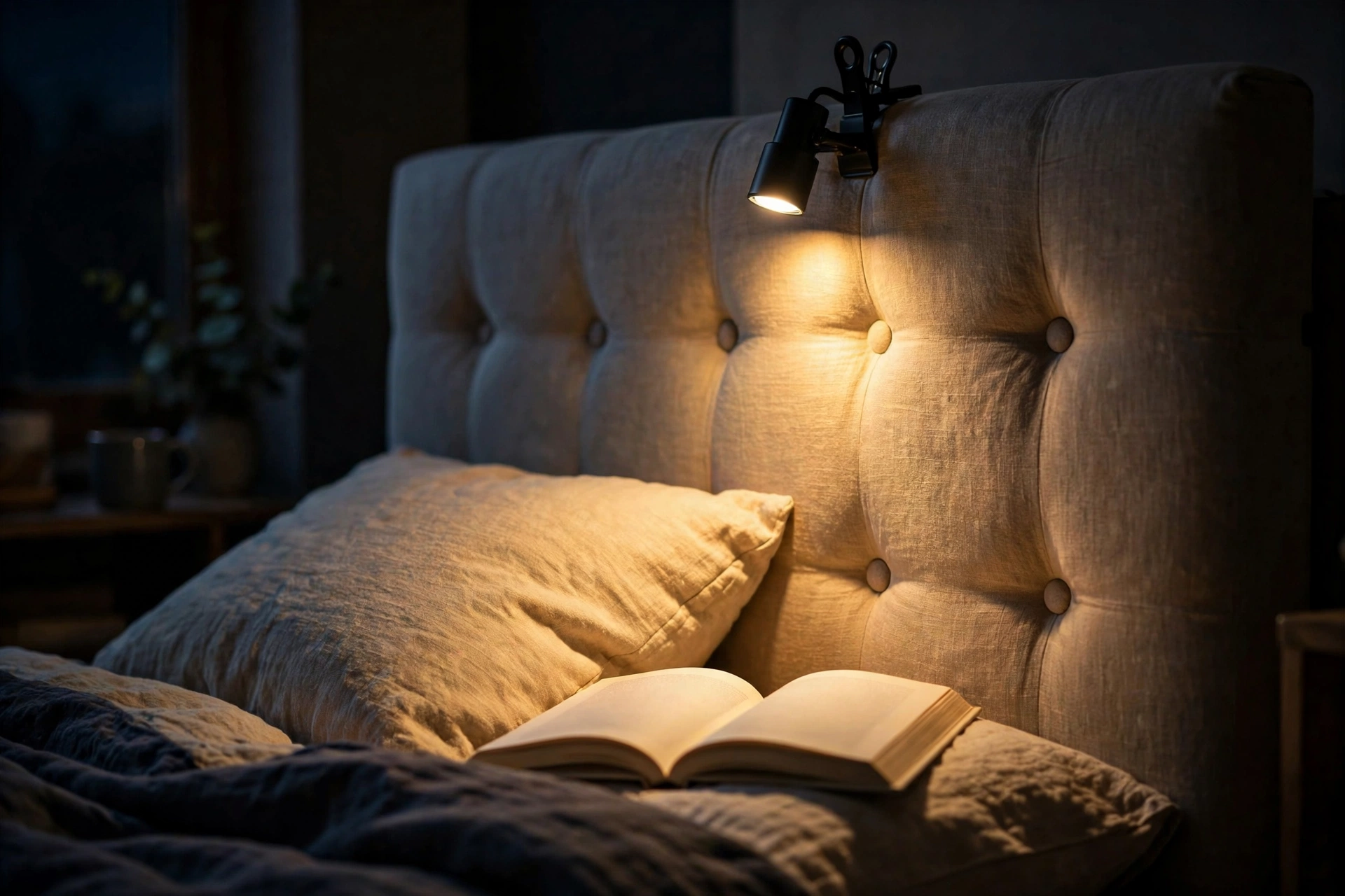 Clip-on LED reading light attached to a studio bed headboard, warm beam on an open book