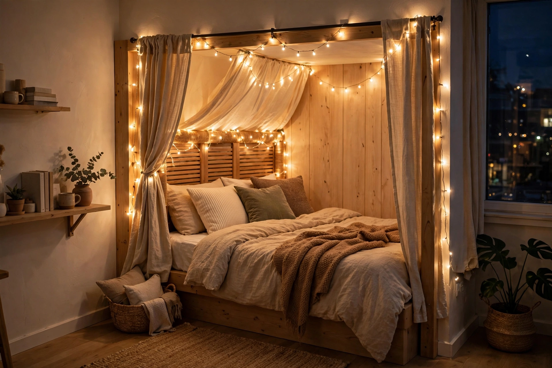 Edison globe string lights draped around a cozy bed nook in a studio apartment at night