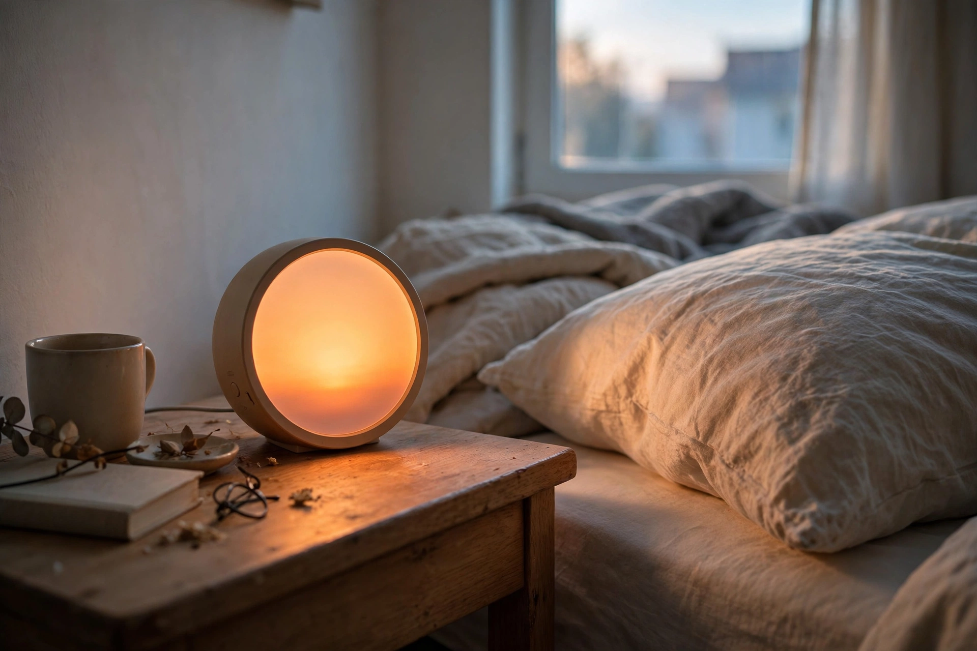 Sunrise alarm clock glowing softly on a studio nightstand at dawn, warm light filling the bed area