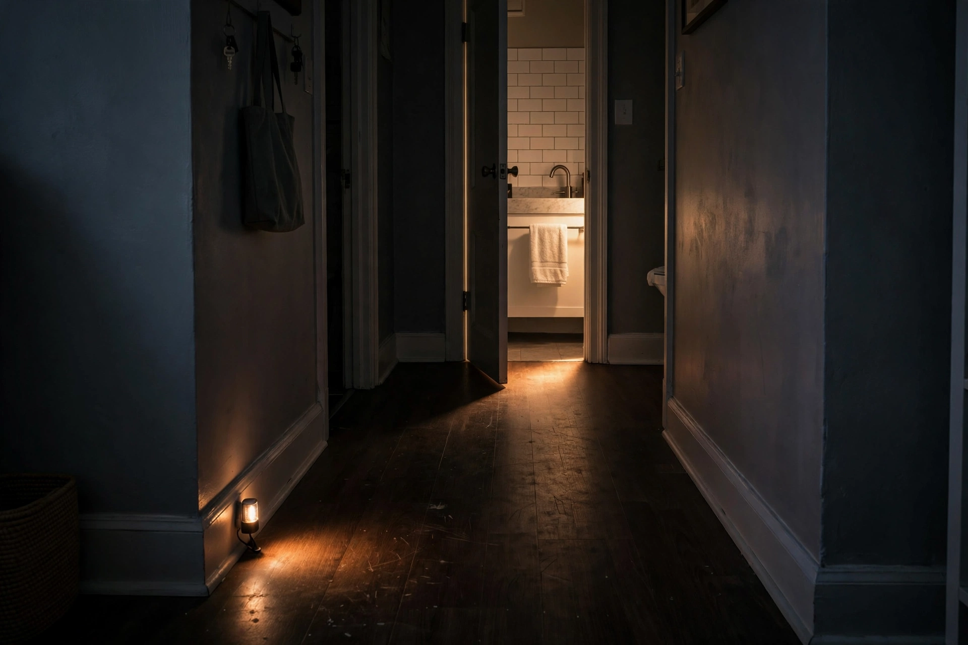 Warm motion-sensor night light glowing in a dark studio hallway at night