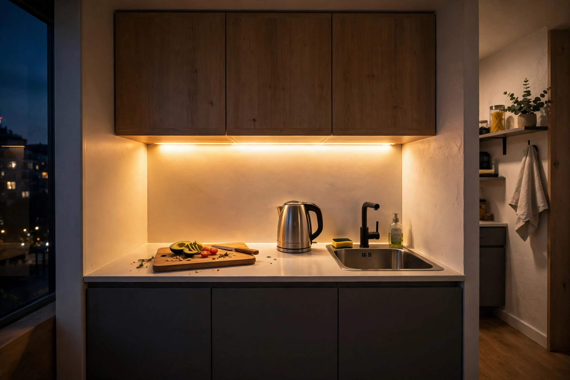 LED light strips glowing under kitchenette cabinets, illuminating a small studio countertop