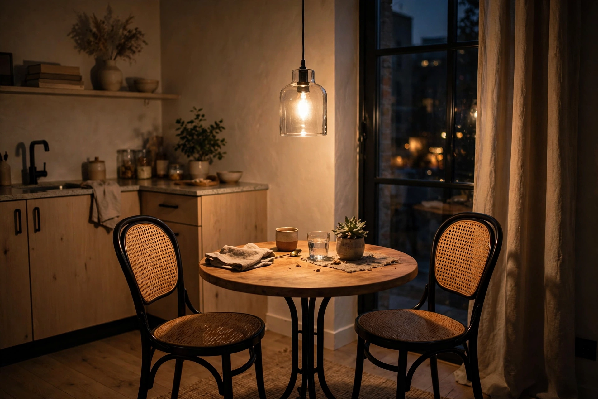 Pendant light hanging over a small round dining table in a studio apartment kitchen area