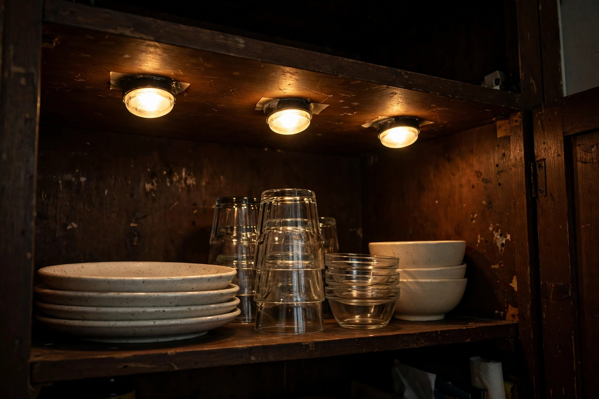 Battery puck lights glowing inside an open kitchen cabinet in a studio apartment