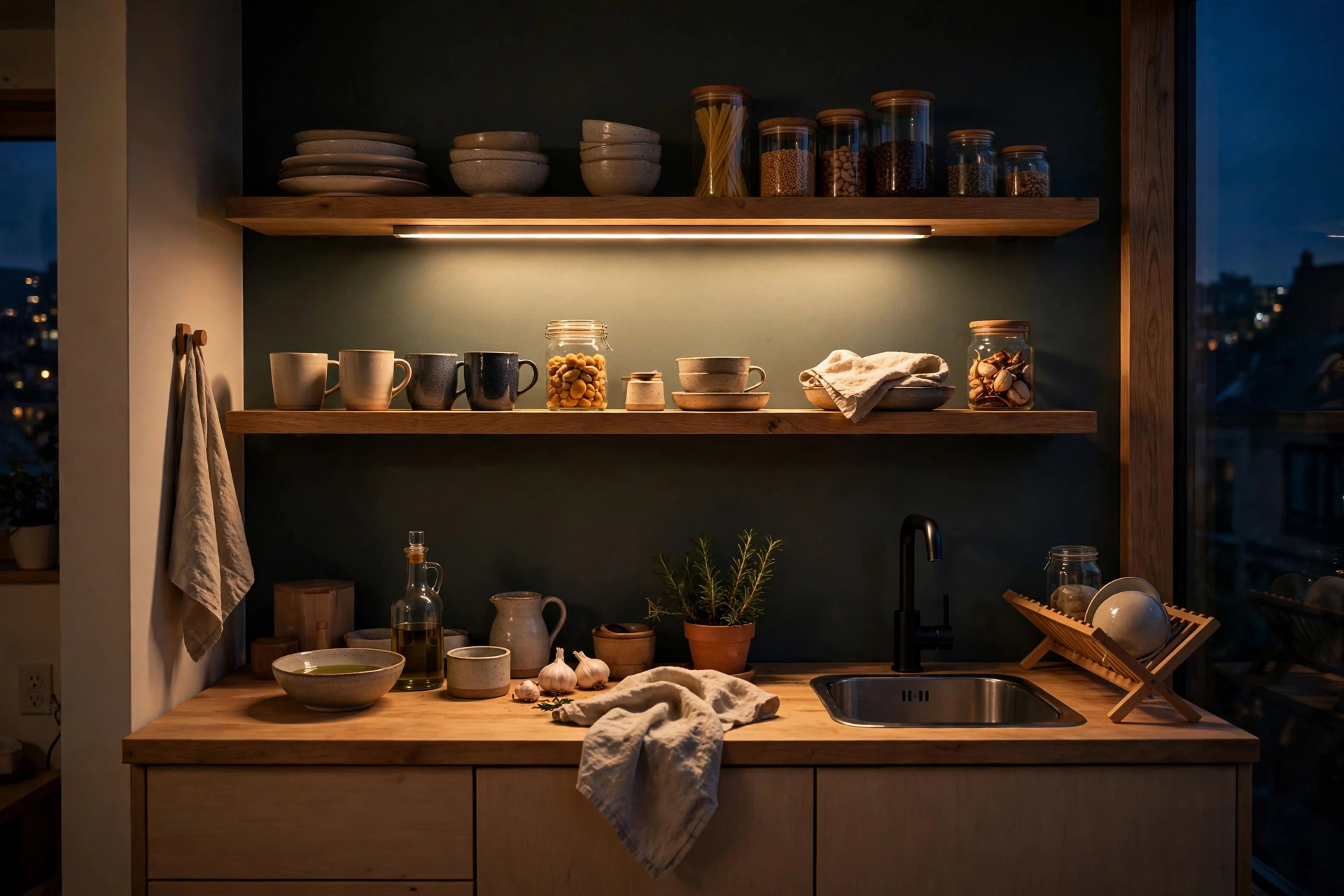 Open kitchen shelves in a studio apartment lit by slim warm LED strips under each shelf