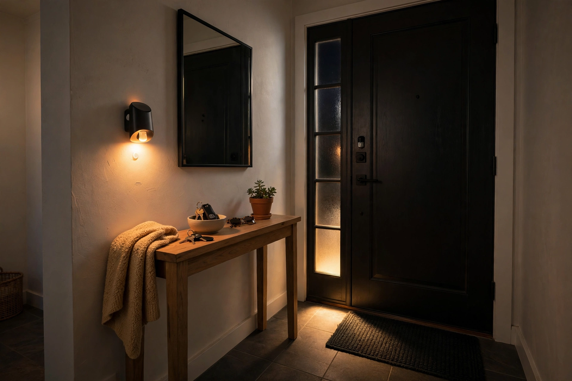 Motion-activated LED light glowing in a small studio apartment entryway as someone arrives