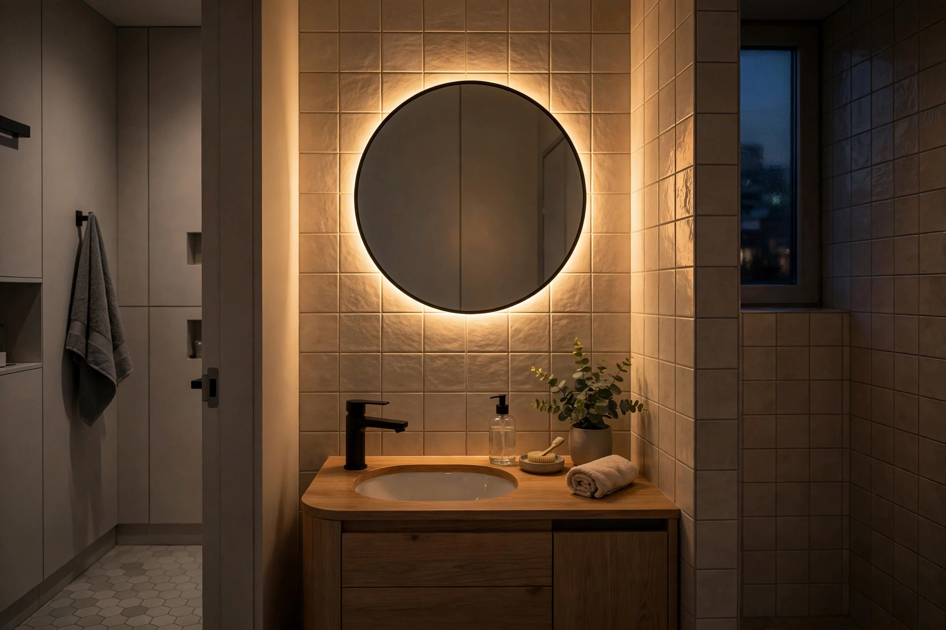 Backlit LED bathroom mirror glowing with a soft halo in a small apartment bathroom