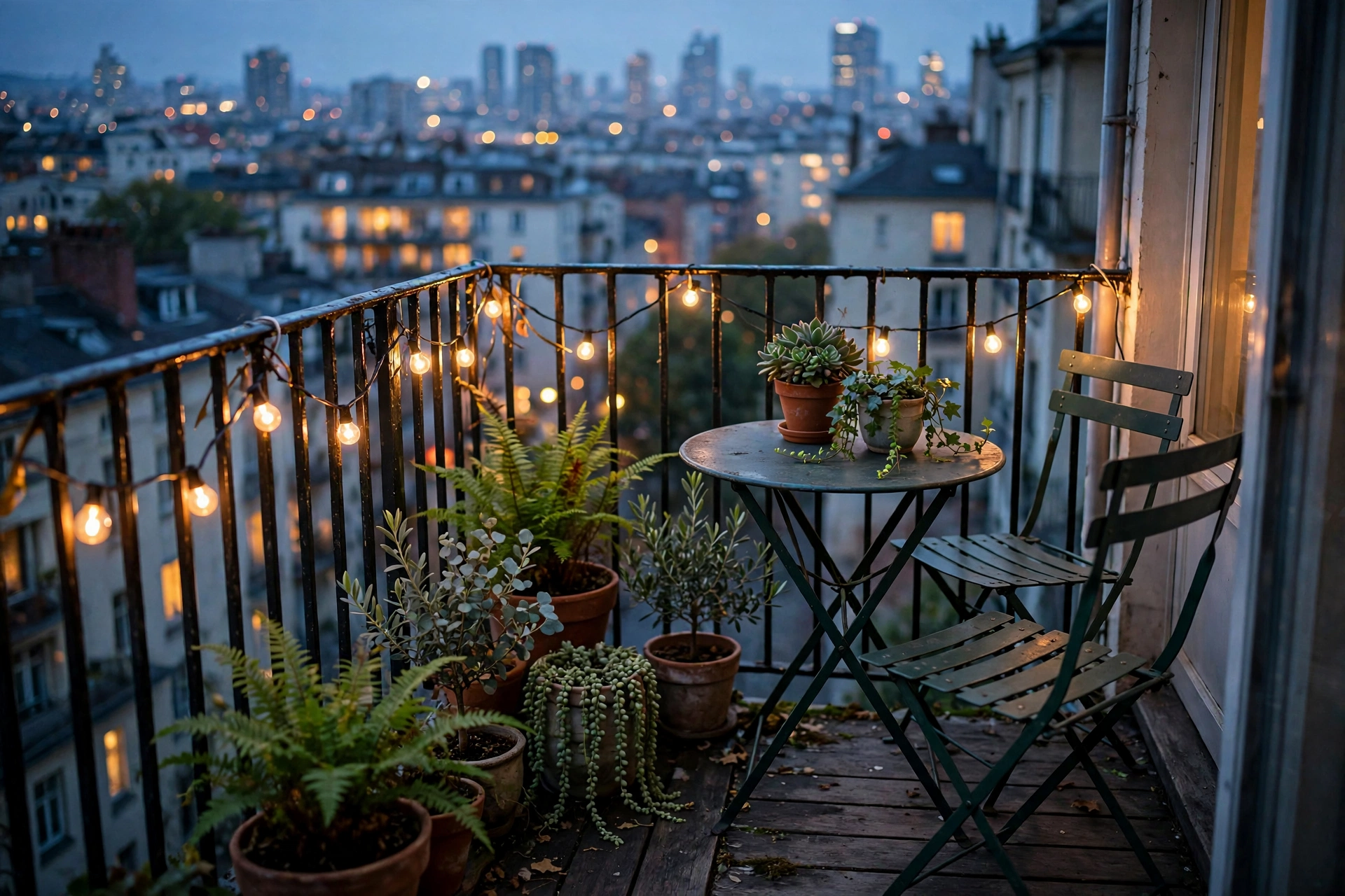 Warm Edison string lights glowing on a small apartment balcony at dusk, seen through glass doors