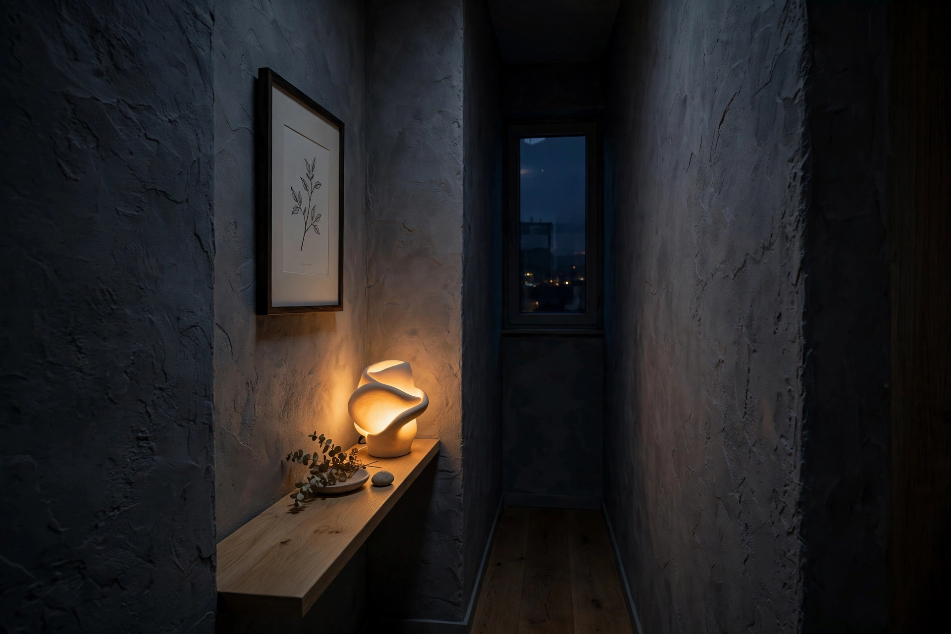 Small glowing accent lamp on a narrow console table in a studio apartment hallway