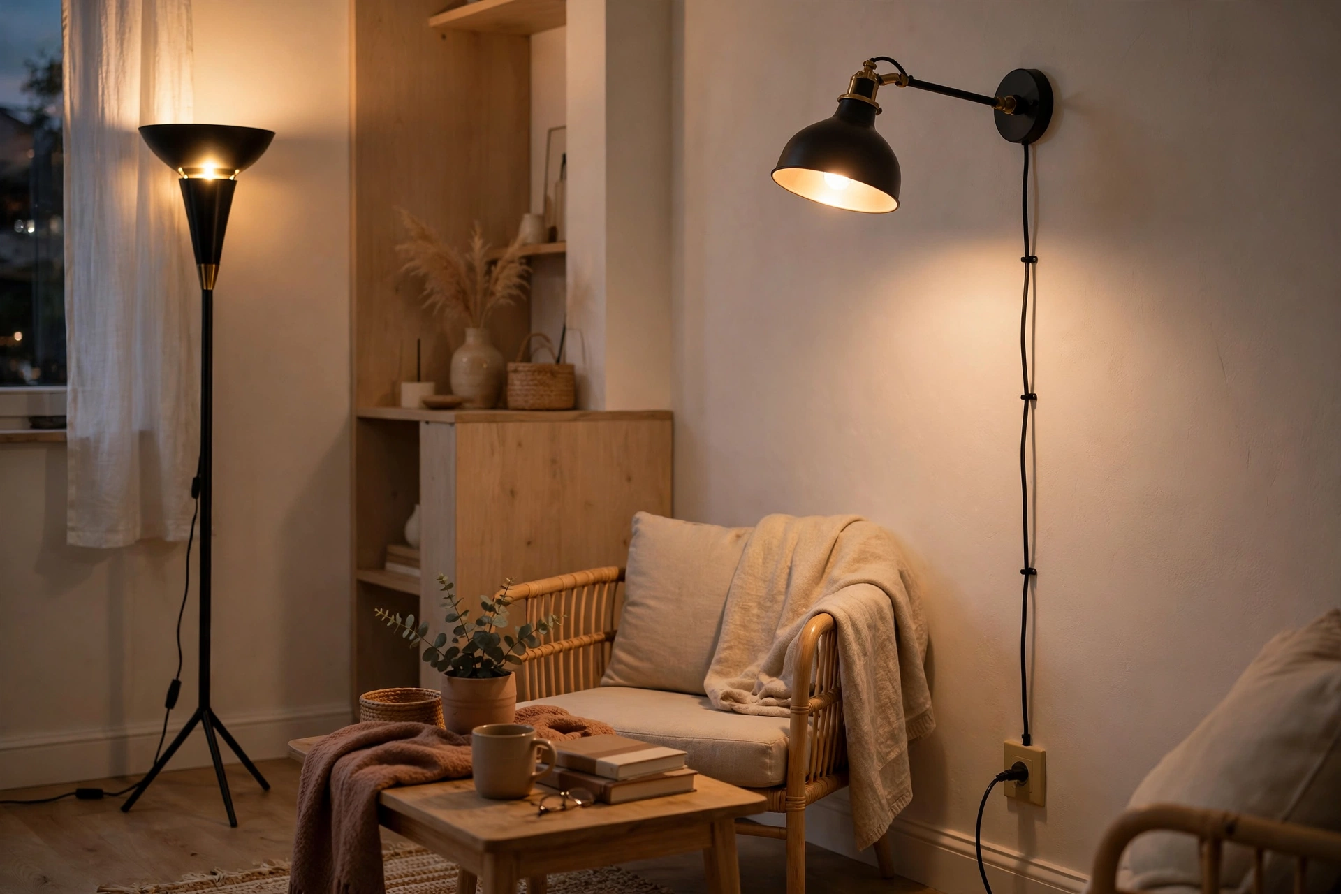 Collection of plug-in pendant and sconce lights with visible cords in a renter-friendly studio apartment